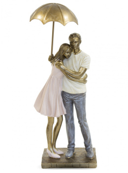 Figurka Romantyczna Para w deszczu pod Parasolem DUŻA 31x12,5x8 złota