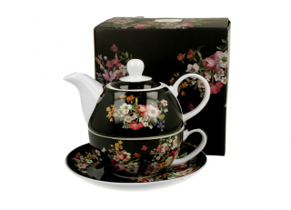 Porcelanowy dzbanek z filiżanką i spodkiem VINTAGE FLOWERS BLACK