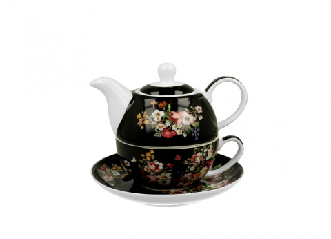 Porcelanowy dzbanek z filiżanką i spodkiem VINTAGE FLOWERS BLACK