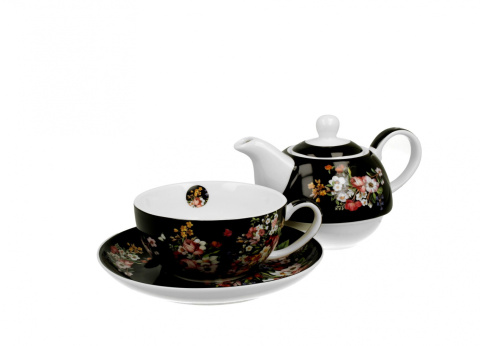 Porcelanowy dzbanek z filiżanką i spodkiem VINTAGE FLOWERS BLACK