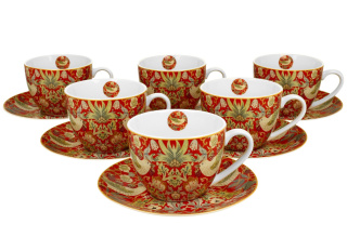 Filiżanki ze spodkami 280 ml komplet 6 szt. William Morris- Strawberry Thief Red