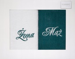 Komplet Ręczników MĄŻ ŻONA kremowy ciemno zielony 70x140