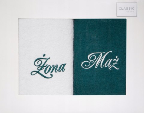 Komplet Ręczników MĄŻ ŻONA kremowy ciemno zielony 50x90
