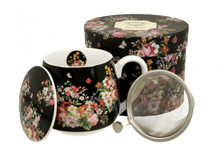 Kubek baryłka porcelanowa z zaparzaczem VINTAGE FLOWERS - BLACK 430ml