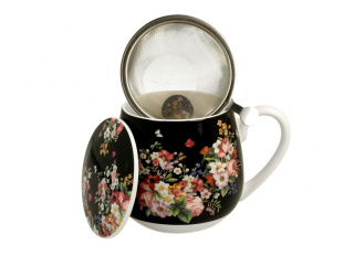 Kubek baryłka porcelanowa z zaparzaczem VINTAGE FLOWERS - BLACK 430ml