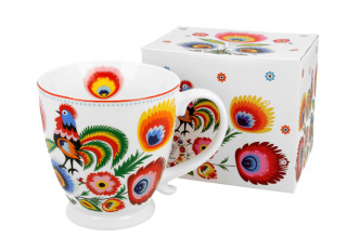 Kubek na stopce jumbo porcelanowy KOGUT ŁOWICKI 480ml kwiaty wycinanki